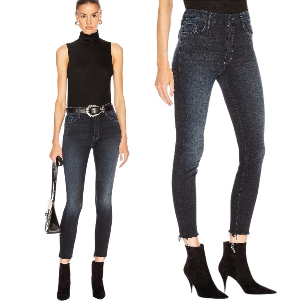 NWT MOTHER High Waisted Looker Ankle Fray Last Call Jeans Blue Size 24